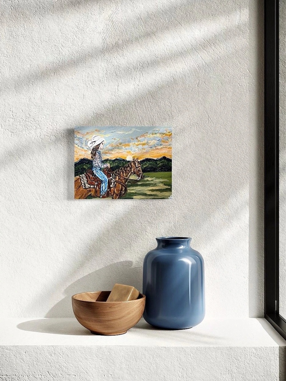5x7 Afterglow Cowgirl Horse Art Print Western Sunset Signed Texas Artist